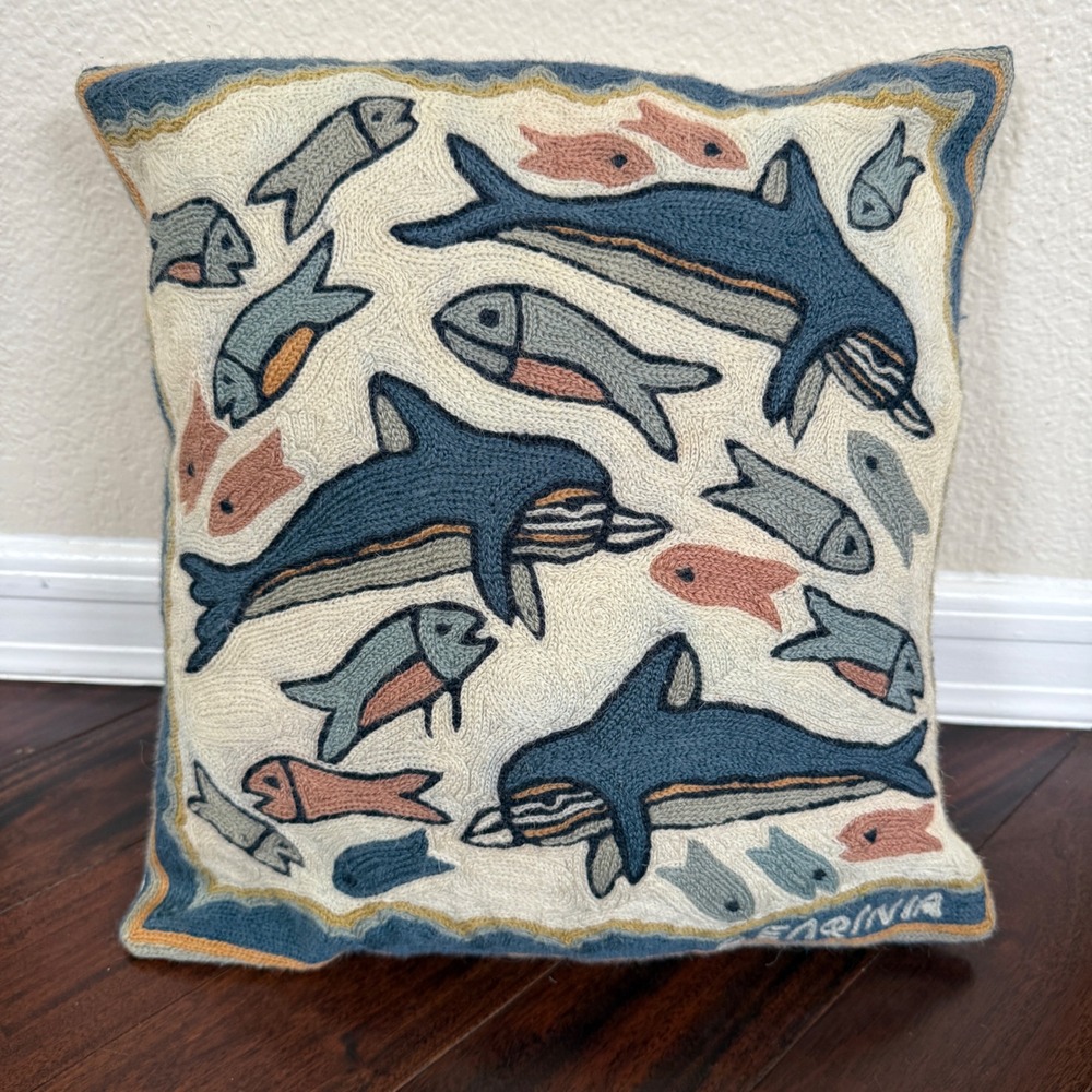 Restoration Hardware Wool Crewel Dolphin Pillow 14x16 Coastal Ocean Fish Decor